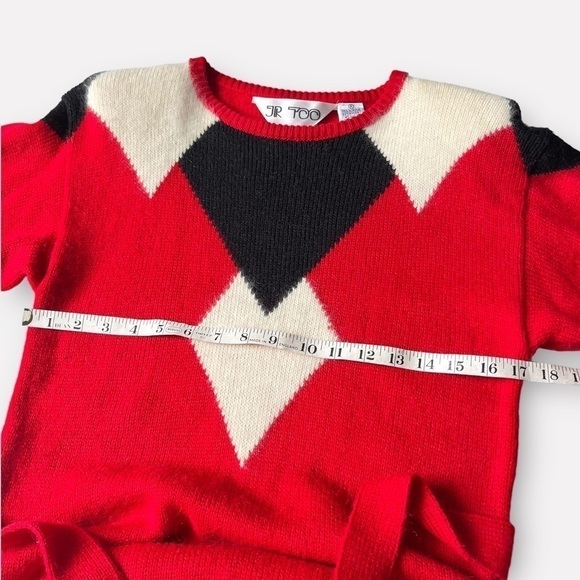 Vintage 80s Red Knit Sweater Dress Geometric Colorblock Mod XS - Picture 12 of 13